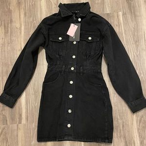 Pretty Little Thing Washed Black Long Sleeve Button Down Denim Dress